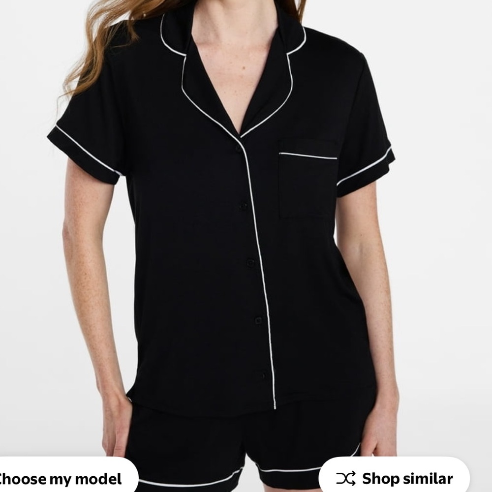 Women's Black Short-Sleeve Pajama Top with White Piping